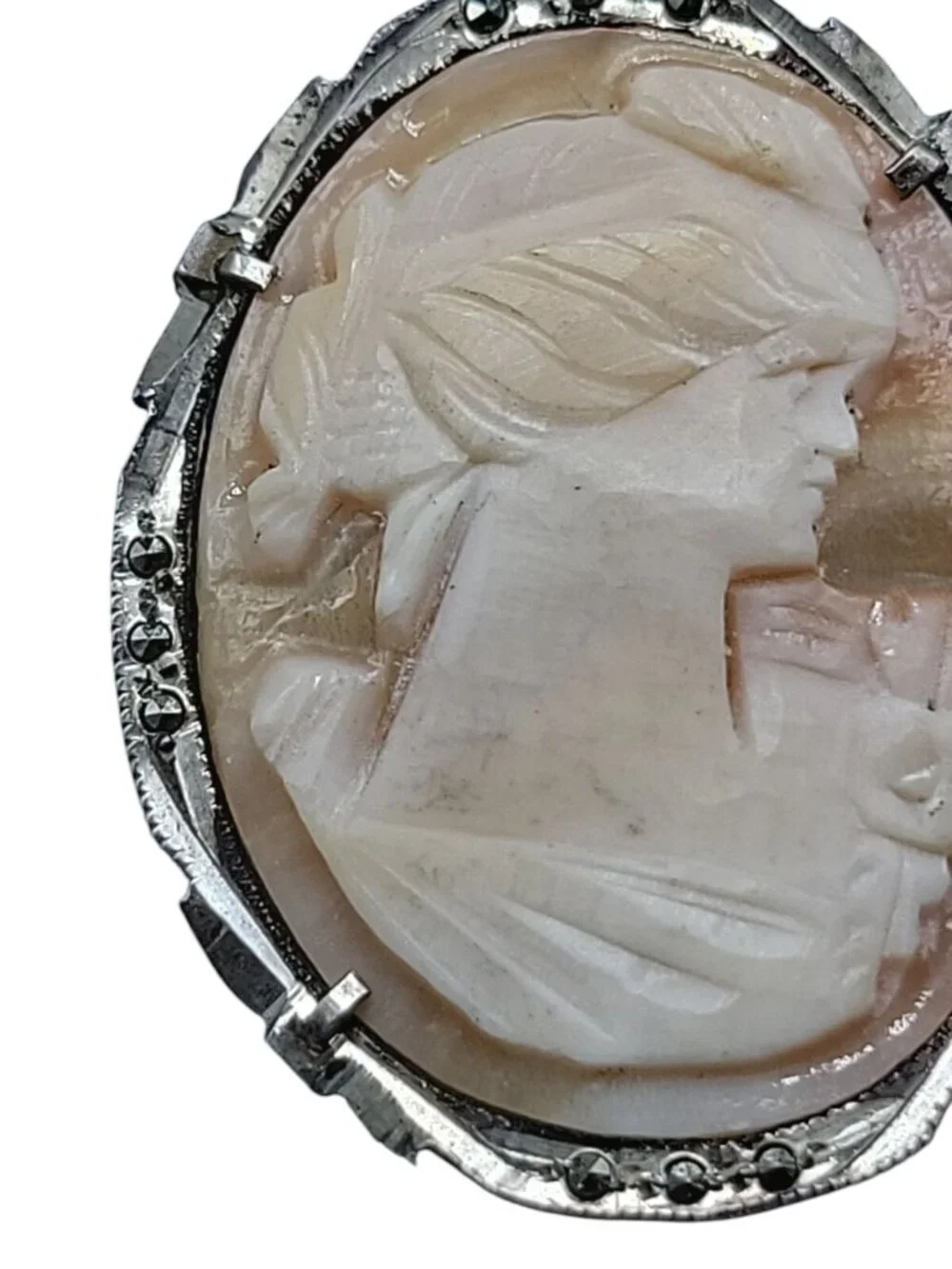 Antique 800 Silver Shell Cameo Brooch Italian Marcasite Studded Thin Delicate - Picture 8 of 12